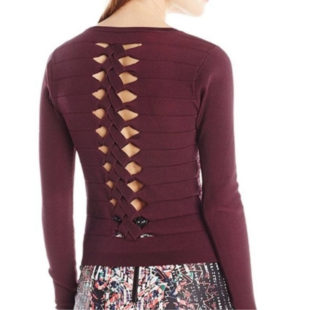 Parker Bandage Knit Top Cutout Braided Back Bodycon Long Sleeve Purple Medium